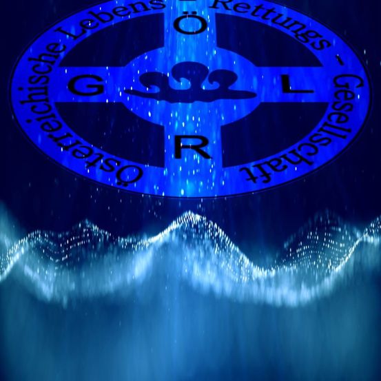 Ein blaues kreisförmiges Logo mit den Buchstaben 'G L' in der Mitte und dem Text 'Deutsche Gesellschaft für Lebensrettung'. Darunter befindet sich ein wellenförmiges Design.