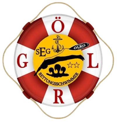 Ein roter und weißer Rettungsring mit den Buchstaben SEGR darauf, der einen Schwimmer und einen gelben Kreis mit dem Text OLRG enthält.