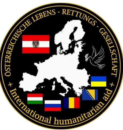 Das Emblem zeigt eine Karte Europas mit Flaggen verschiedener Länder und eine Taube mit einem Olivenzweig. Es repräsentiert die Österreichische Rettungsgesellschaft für Internationale Humanitäre Hilfe.