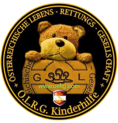Rundes Logo mit einem Teddybär, Text auf Deutsch und Website-Adresse in der Mitte. Der Text lautet 'Osterreichische Lebens-Rettungs-Gesellschaft'.