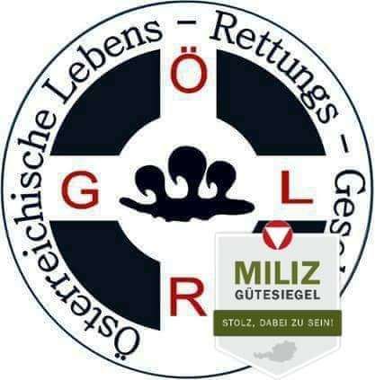 Das Logo zeigt ein Kreuz mit 'G', 'R' und 'L' in Rot und Weiß auf schwarzem Hintergrund. Es enthält ein stilisiertes 'OSG' und einen Abzeichen mit 'MILIZ GUTESIEGEL' und 'STolz, DAbei zu SEin!'.