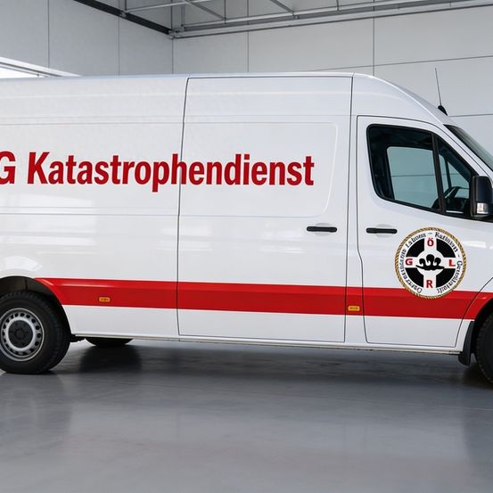 Ein weißer Van mit rotem Streifen, beschriftet mit 'G Katastrophendienst', geparkt in einem sauberen, gut beleuchteten Raum.