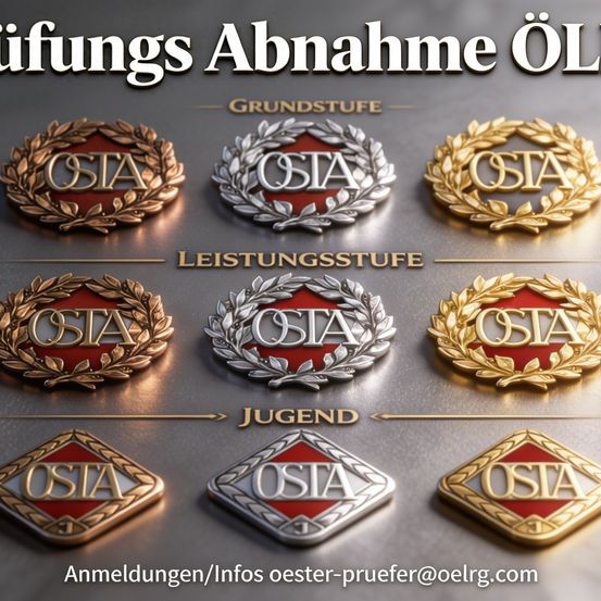 Bild zeigt verschiedene Abzeichen in einem Raster angeordnet. Die Abzeichen sind in verschiedenen Metallen und mit Grundstufe, Leistungsstufe und Jugend beschriftet. Das OST-Logo befindet sich zentral. Unten ist eine Kontakt-E-Mail angegeben.