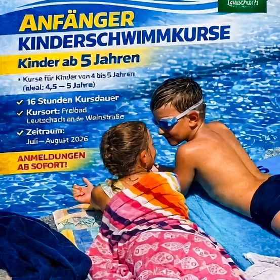 Plakat für einen Anfänger-Kinderschwimmkurs. Der Kurs ist für Kinder von 4 bis 5 Jahren. Er läuft von Juli bis August 2026. Anmeldung sofort.