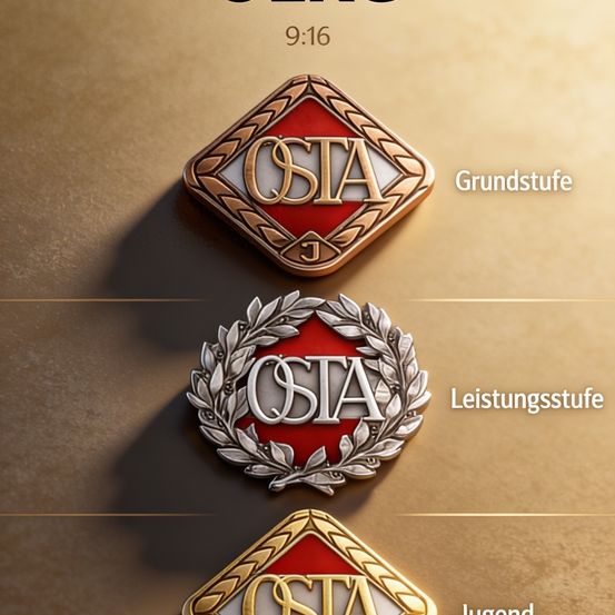 Drei Abzeichen zeigen verschiedene Grade von OSTA. Das oberste Abzeichen ist Grundstufe, das mittlere Leistungsstufe und das unterste Jugend. Alle Abzeichen haben einen goldenen Umriss.