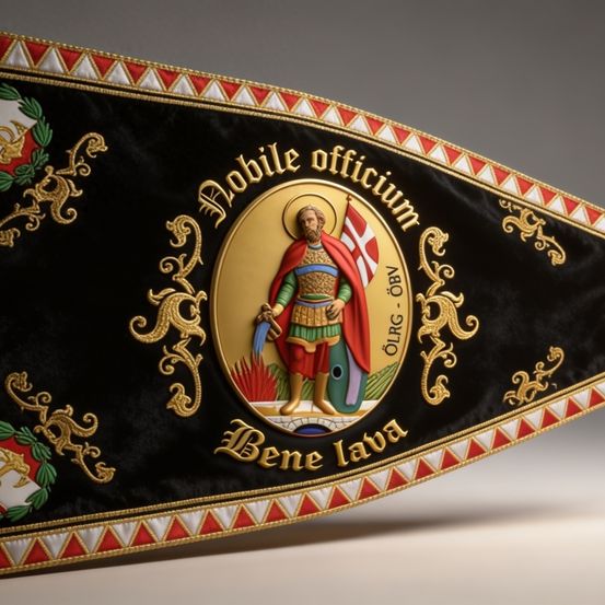 Ein schwarzer zeremonieller Banner mit einem goldenen Emblem, das einen Mann in Rüstung und eine Flagge zeigt. Lateinische Wörter 'Dabilis officium' und 'Bene lava' sind eingraviert.