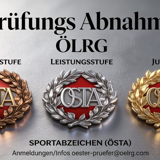 Ein Bild von drei Sportabzeichen, die als Stufe, Leistungsstufe und Ju gekennzeichnet sind. Drei Abzeichen in Gold, Silber und Bronze. Kontaktinfo: oester-pruefer@oelrg.com.