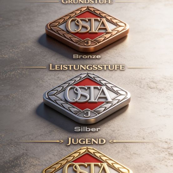 Drei metallische Abzeichen mit den Bezeichnungen 'Grundstufe Bronze,' 'Leistungsstufe Silber' und 'Jugend' in einer Reihe. Jedes Abzeichen hat ein zentrales 'OSTA J' Emblem. Das oberste Abzeichen ist bronze, das mittlere silber und das unterste gold.