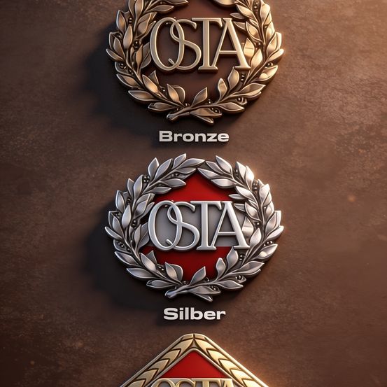 Drei metallische Abzeichen mit Lorbeerkränzen sind auf einem braunen Hintergrund zu sehen. Das oberste Abzeichen zeigt 'OSTA Bronze'. Das mittlere Abzeichen zeigt 'OSTA Silber'. Das unterste Abzeichen zeigt 'OSTA'.