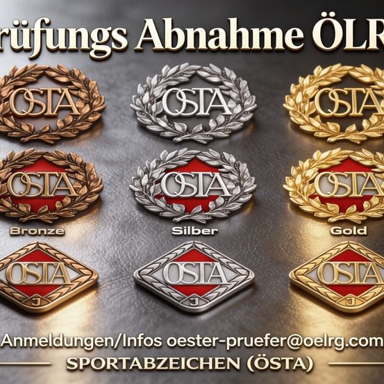 Das Bild zeigt sechs verschiedene Sportabzeichen, die mit Bronze, Silber und Gold beschriftet sind. Sie sind in einer Reihe angeordnet und haben eine metallische Oberfläche. Unter den Abzeichen befindet sich die Kontakt-E-Mail-Adresse.