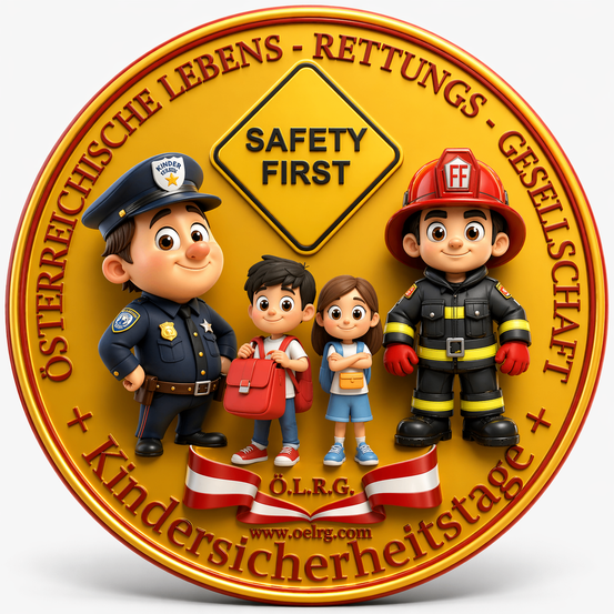 Ein Sicherheitsschild zeigt einen Polizisten, einen Feuerwehrmann, einen Jungen und ein Mädchen. Es steht 'Sicherheit zuerst'. Das Bild ist von OELR.G.