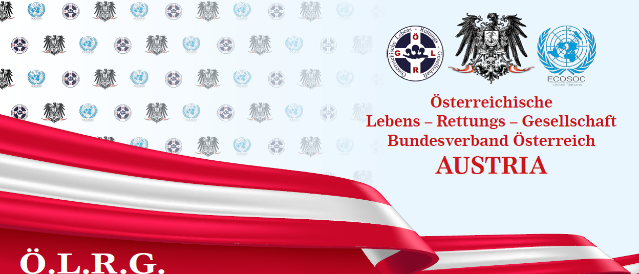 Eine Werbung mit der österreichischen Flagge, einem rot-weißen Band und Logos für 'Lebens - Rettung' und 'Bundesverband AUSTR'. Der Hintergrund zeigt verschiedene Logos, darunter UN-Symbole.