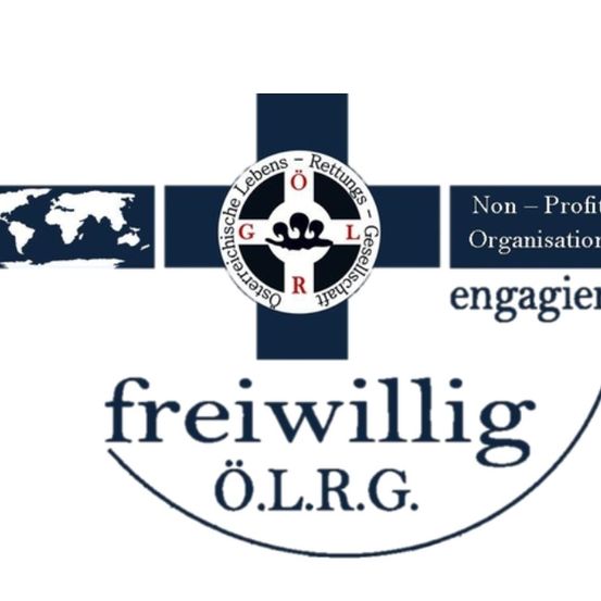 Das Logo einer gemeinnützigen Organisation namens 'Gemeinsame Lebens-Rettungs-Gesellschaft'. Es zeigt eine Weltkarte, ein Kreuzsymbol und den Text 'Non-Profit Organisation engagiert freiwillig'.