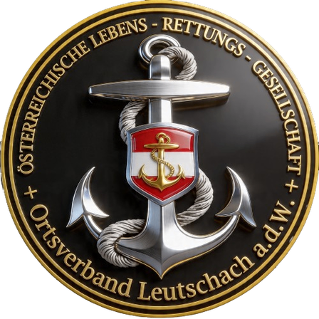 Das Emblem zeigt einen goldenen Anker mit einem roten Schild und symbolisiert maritime Rettung. Die Inschrift 'Osterreichische Lebens-Rettungs-Gesellschaft + Osterreichverband Leutschach a.d.W.' ist in goldener Schrift auf schwarzem Hintergrund angebracht.