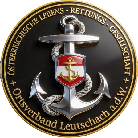 Ein gold- und schwarzfarbenes Emblem mit einem Anker, einem Schild und Text in einer fremden Sprache. Der Anker ist silbern mit einem roten Hintergrund und goldenen Details.