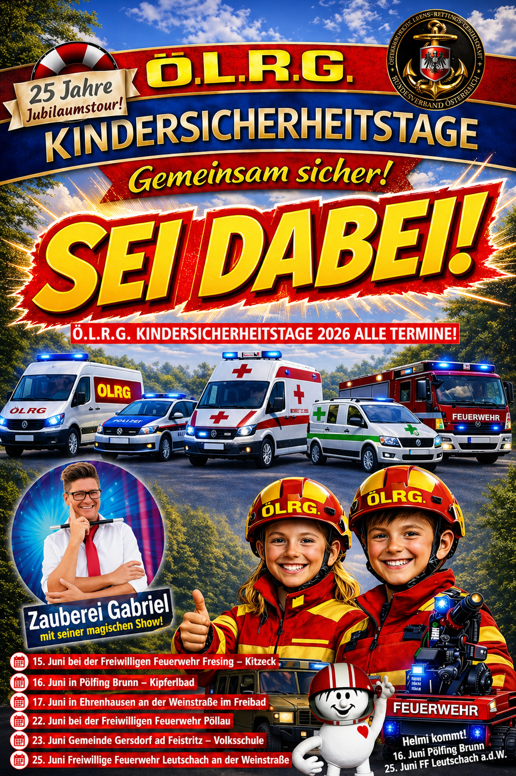 Ein Plakat für die O.L.R.G. Kindersicherheitsbühne 2026 zeigt verschiedene Rettungsfahrzeuge und zwei lächelnde Kinder in Uniformen. Ein Mann in einem weißen Hemd gibt einen Daumen hoch.