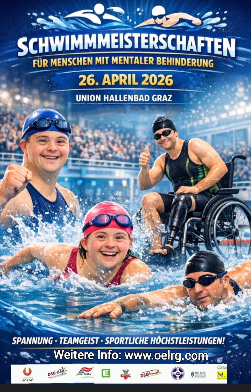 A poster advertises a swimming event on April 26, 2026, featuring athletes in swimwear and goggles. One athlete in a wheelchair gives a thumbs-up. The background shows a crowd.