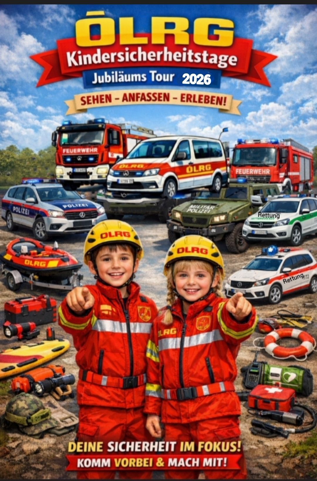Two children in firefighter uniforms pose next to emergency vehicles. Various emergency vehicles, including fire trucks, police cars, and rescue vehicles, are displayed. There are also some rescue equipment on the ground.