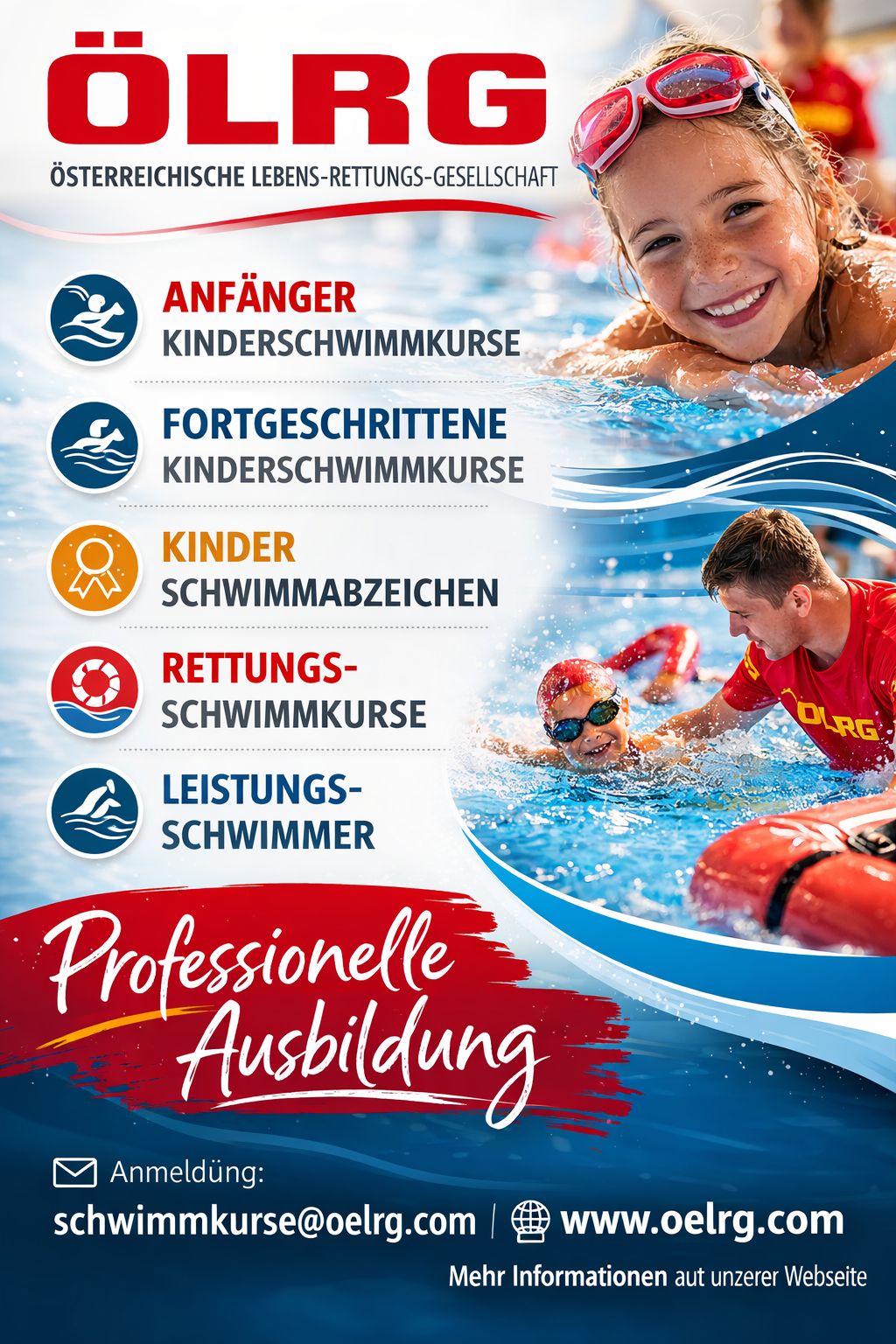 Das Bild zeigt einen Schwimmkurs für Kinder mit Kategorien für Anfänger, Fortgeschrittene und Rettungsschwimmer. Ein lächelndes Mädchen und ein Junge mit Schwimmbrille schwimmen im Pool.