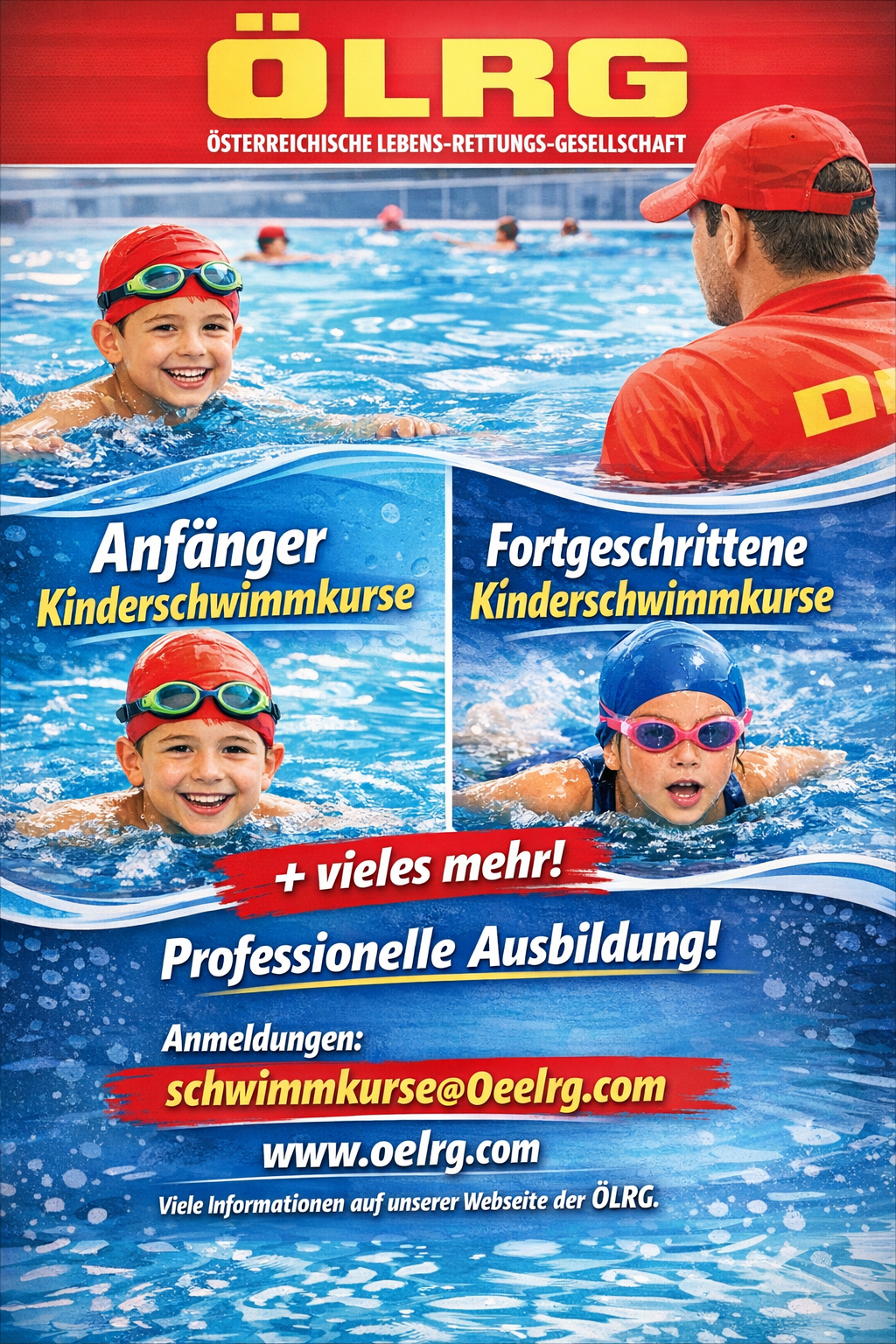 Eine Anzeige für Kinderschwimmkurse. Drei Bilder von Kindern und einem Trainer im Schwimmbecken. Text auf Deutsch.