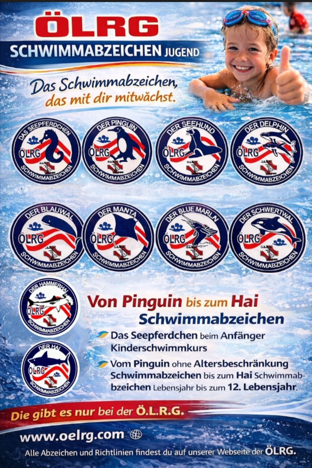 Das Bild zeigt verschiedene Schwimmabzeichen für unterschiedliche Schwimmniveaus, vom Pinguin bis zum Hai. Die Abzeichen sind thematisch mit Meerestieren gestaltet und für Schwimmer aller Altersgruppen konzipiert.