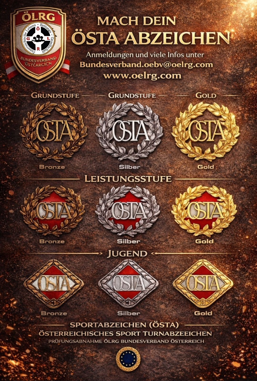 Das Bild zeigt verschiedene Abzeichen der OSTA-Organisation. Drei Sets von Abzeichen sind dargestellt, jedes repräsentiert Bronze, Silber und Gold Kategorien. Die Abzeichen sind kreisförmig mit Kränzen und haben unterschiedliche Farben und Designs. Jedes Set hat einen entsprechenden Text, der seine Kategorie angibt.