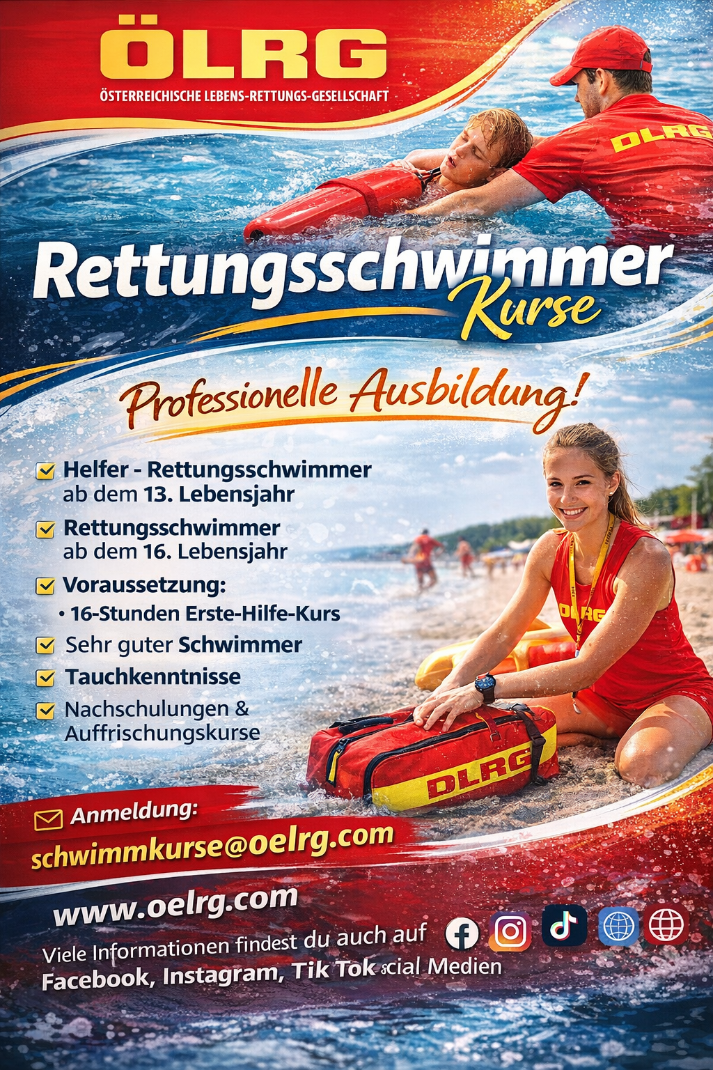 Plakat für Rettungsschwimmer-Kurse. Eine Frau in einem roten Rettungsschwimmer-Outfit am Strand mit einer roten Tasche vor ihr. Es listet die Anforderungen und Trainingsdetails auf.