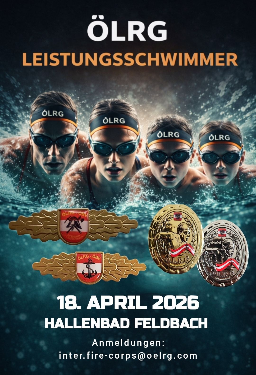 Ein Werbeplakat für eine Schwimmveranstaltung am 18. April 2026 mit vier Schwimmern, die Schwimmbrillen und Stirnbänder mit OLRG-Logo tragen. Drei Medaillen sind unten abgebildet.