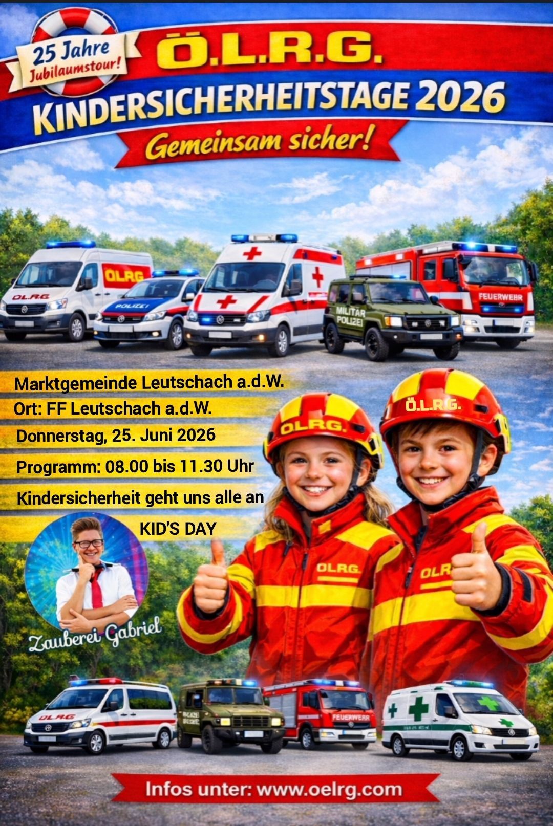 Plakat mit Rettungsfahrzeugen und zwei Kindern in Uniformen. Text auf Deutsch. Ort: FF Leutschach a.d.W. Datum: 25. Juni 2026. Zeit: 08:00 bis 11:30 Uhr. Thema: Kindertag.