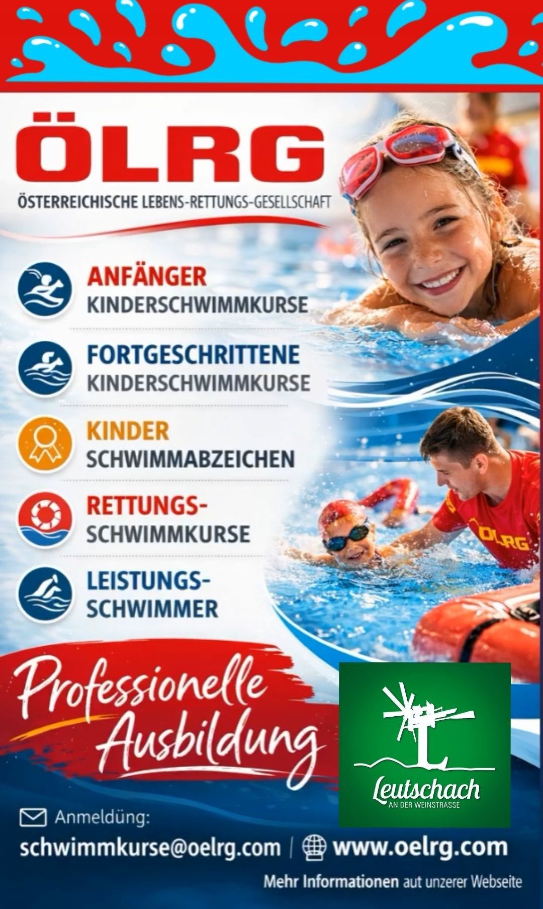 Eine Werbung für Schwimmkurse mit einem lächelnden Mädchen und einem Jungen mit Schwimmbrille und einem Trainer. Es listet Anfänger, Fortgeschrittene, Kinderschwimmzeichen, Rettungsschwimmkurse und Leistungsschwimmer auf.