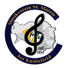 Ein Logo mit einer Notenschlüssel in der Mitte, das den Text 'Musikverein St. Marien seit bei Knittelfeld' in einem kreisförmigen Layout mit Kartenhintergrund zeigt.