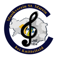 Das Logo des St. Marein Musikvereins in Knittelfeld mit einem Violinschlüssel, einer Fahne und einer Kartenkontur.