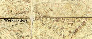 Eine alte Karte mit verschiedenen handschriftlichen Notizen und Markierungen, einschließlich Namen wie 'Wassenhofdat' und 'Ander Ah'. Die Karte zeigt eine Region mit einem Rasterlayout und detaillierten Straßenplänen, möglicherweise aus einer historischen Epoche.