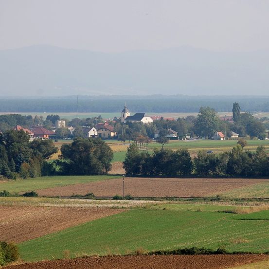 Eine ländliche Landschaft mit einer Ansammlung von Häusern, einige mit roten Dächern, und einer Kirche mit einem Turm. Das Gebiet ist von Feldern und Bäumen umgeben, mit Bergen in der Ferne unter einem vernebelten Himmel.