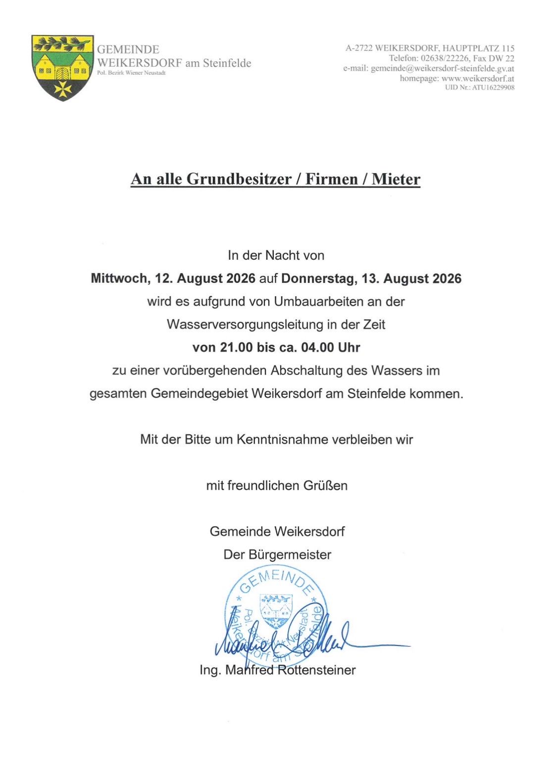 A notice from the municipality of Weikersdorf, Austria, informs residents and businesses about a temporary water shutdown on August 12-13, 2026, due to maintenance work on the water supply line. The shutdown is scheduled from 9:00 PM to 4:00 AM. The notice is signed by the mayor.