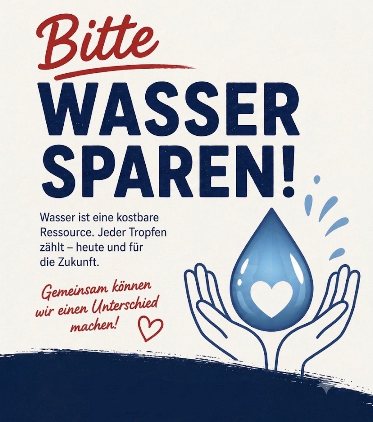 Poster advocating for water conservation with a blue droplet in hands, emphasizing the importance of every drop.