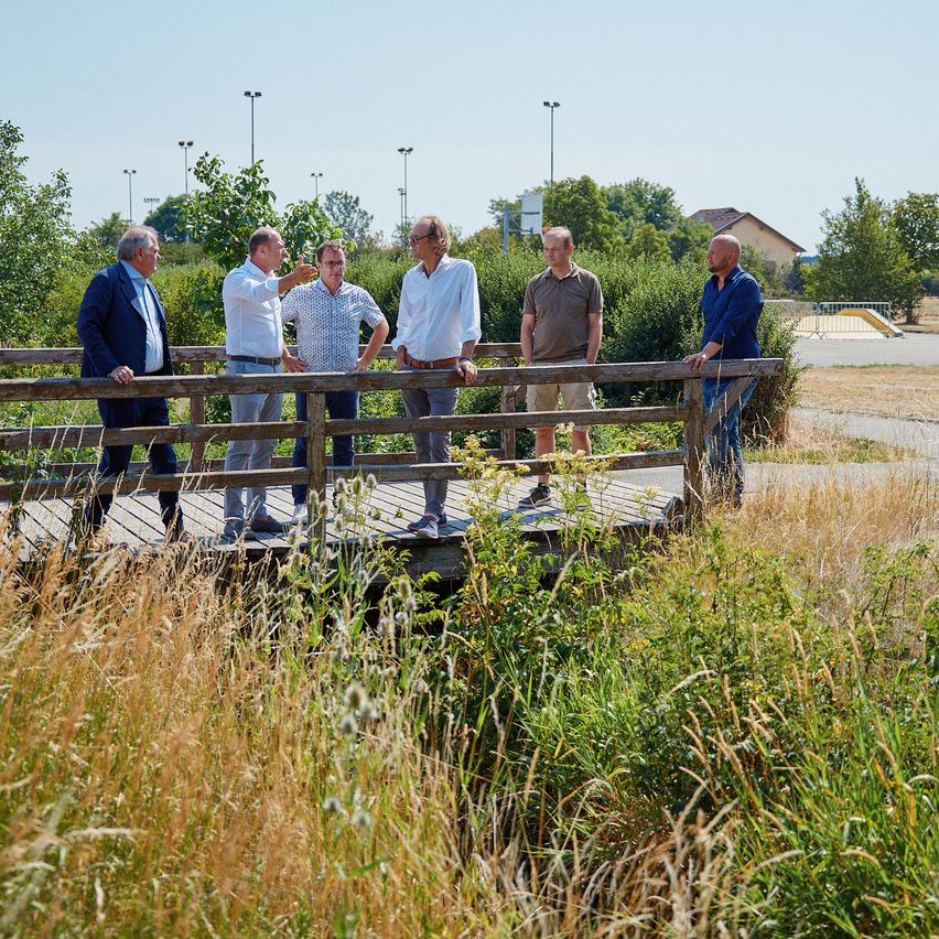 Fünf Männer stehen auf einer Holzbrücke und blicken über ein Grasfeld. Sie sind in Freizeitkleidung gekleidet, und die Umgebung ist im Freien.