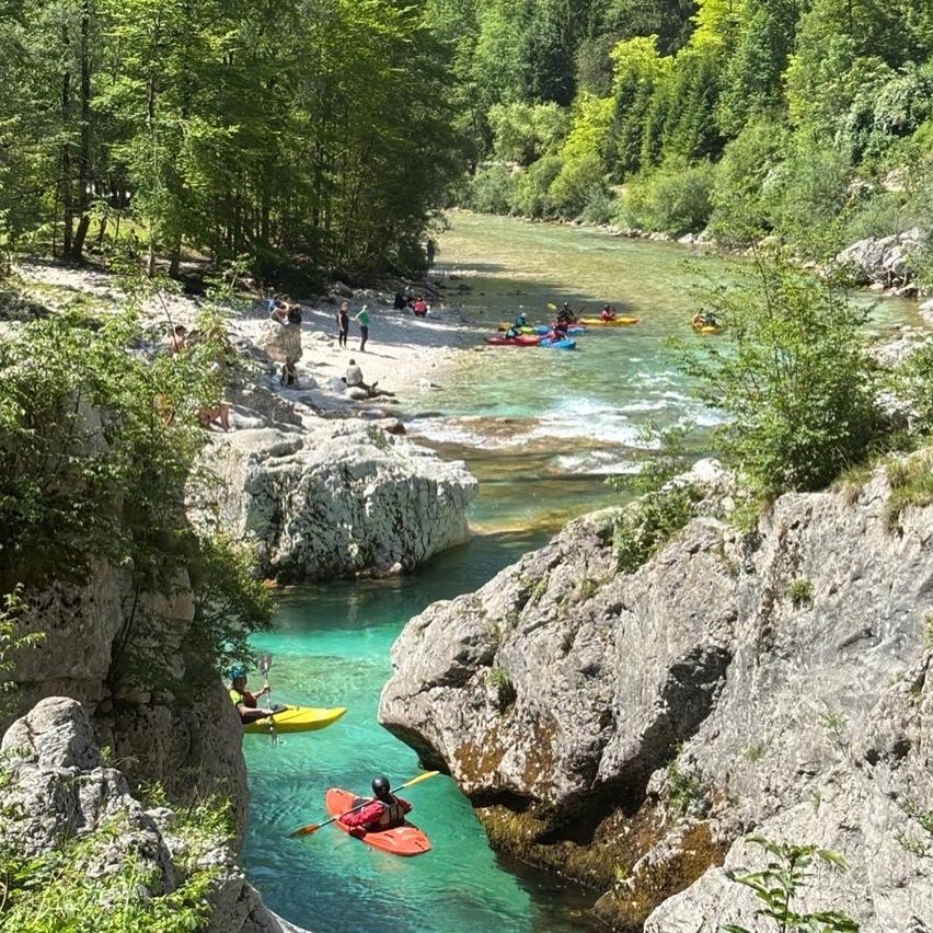 Eine Gruppe von Menschen in Kajaks navigiert einen Fluss, umgeben von Felsen und üppigem Grün. Einige Kajakfahrer sind am Ufer, während andere im Wasser paddeln.