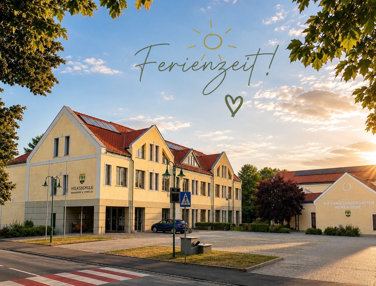 Ein gelbes Gebäude mit rotem Dach und Solarpanelen steht in einem Park mit einem geparkten Auto davor. Das Wort 'Ferienzeit!' ist am Himmel zu sehen.