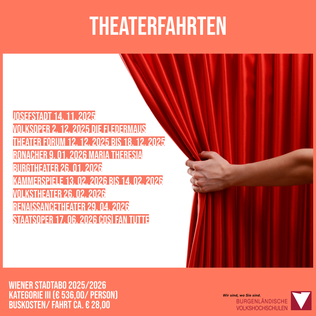 Theaterfahrplan für 2025/2026. Verschiedene Theateraufführungen mit Daten und Orten aufgelistet.