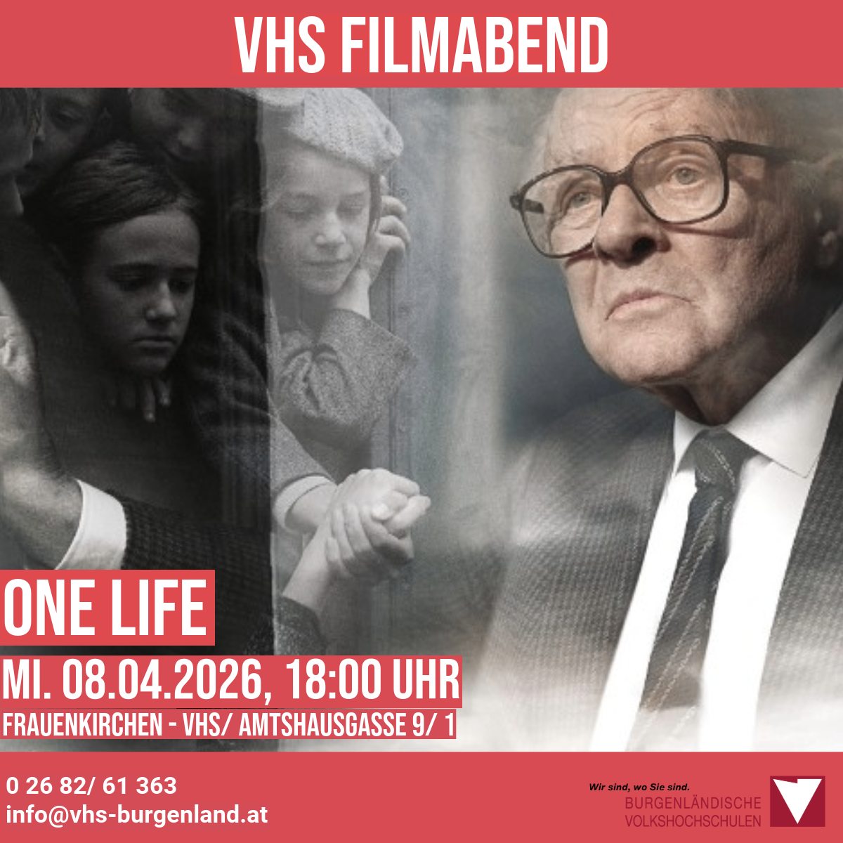 Plakat für VHS Filmabend. Ein älterer Mann mit Brille und ein junges Mädchen, das aus einem Fenster schaut. Datum: 08.04.2026, 18:00 Uhr. Ort: Frauenkirchen. Kontakt: 0 26 82/ 61 363, info@vhs-burgenland.at.