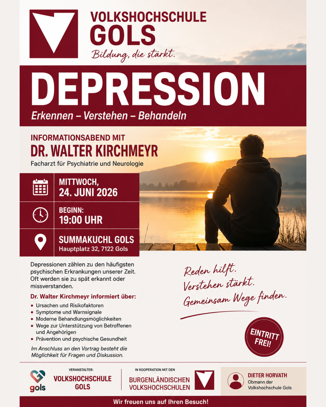 Plakat für einen Informationsabend über Depression. Datum: 24. Juni 2026. Beginn: 19:00 Uhr. Dr. Walter Kirchmeyr informiert über Ursachen, Symptome, Behandlungsmöglichkeiten und Unterstützung bei Depression.