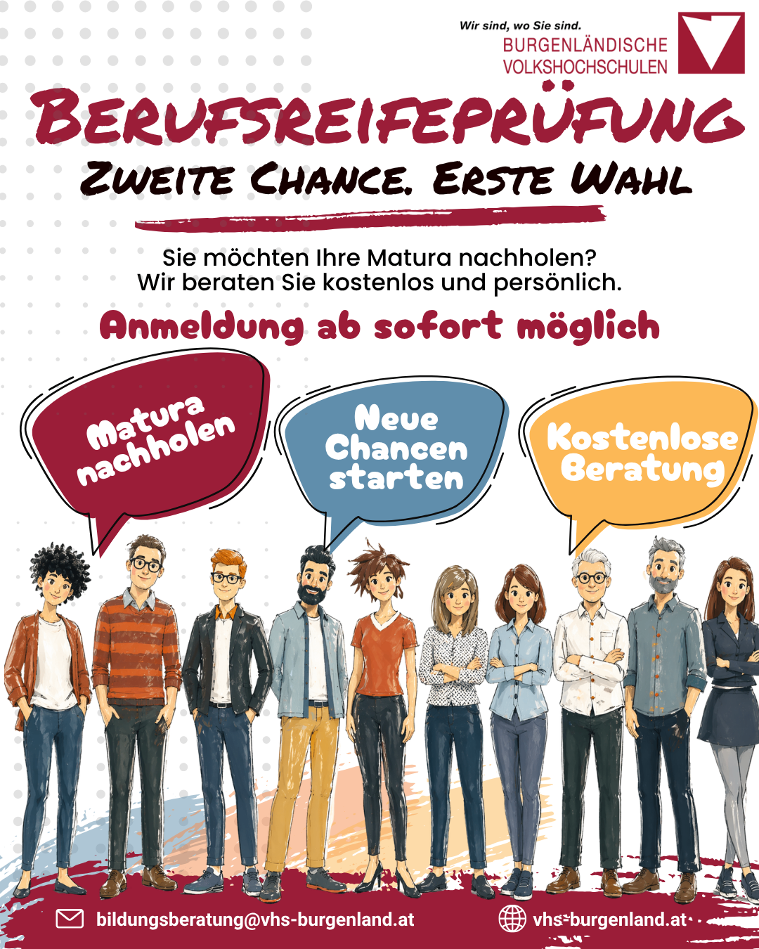 Ein Werbeplakat für berufliche Neuorientierung. Es betont die Möglichkeit einer zweiten Chance und kostenlose, persönliche Beratung. Es fordert zur sofortigen Anmeldung auf.