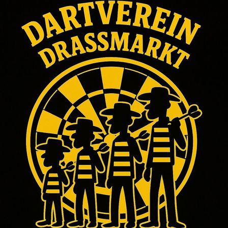 Schwarzer Hintergrund mit gelbem Text 'Dartverein Drassmarkt' über vier Männern in Cowboyhüten, die vor einem Dartboard stehen.