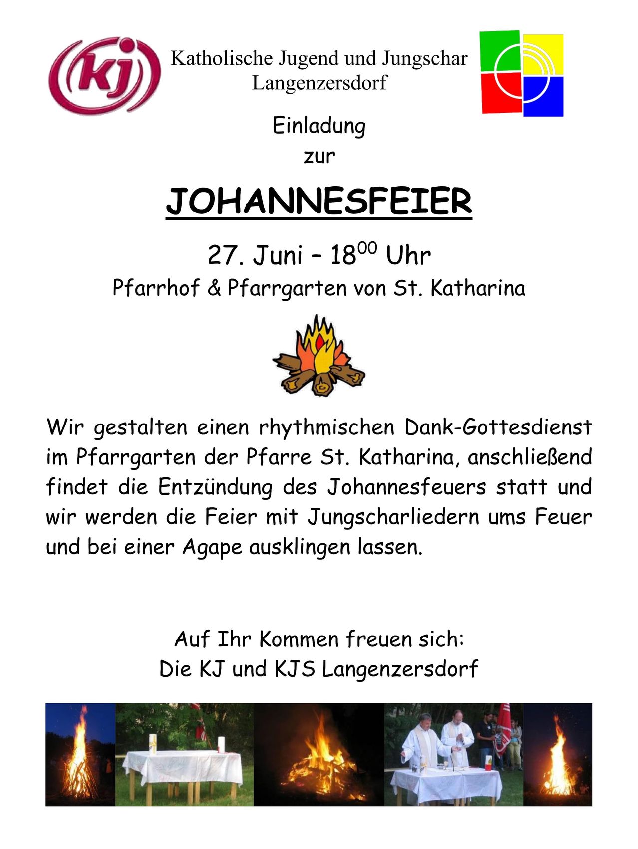 Einladung zur Johannesfeier am 27. Juni um 18 Uhr. Ein rhythmischer Dankgottesdienst im Pfarrgarten der Pfarre St. Katharina, gefolgt von der Entzündung des Johannisfeuers und dem Singen des Jugendchores um das Feuer und einer Agape.