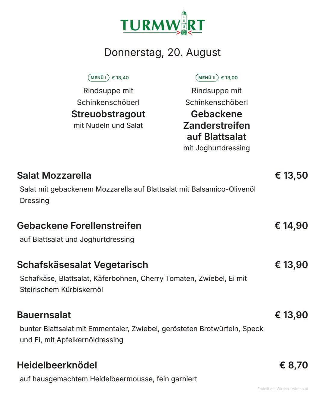 Menü mit verschiedenen Salatoptionen einschließlich Mozzarella, Forellenstreifen und vegetarischen Optionen. Preise in Euro angegeben.