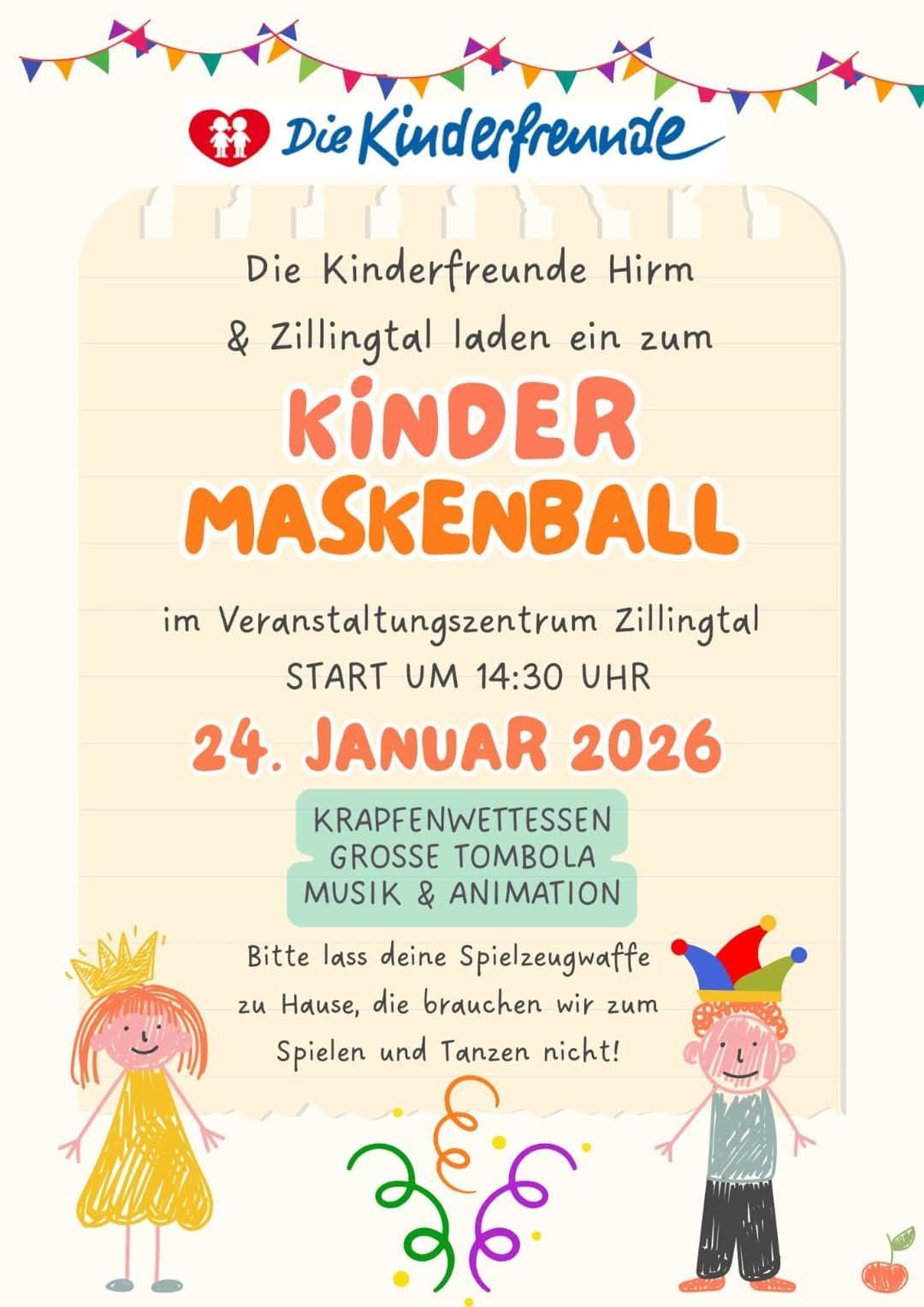 Plakat für eine Kindermaskenball-Veranstaltung in Zillingtal am 24. Januar 2026, Beginn um 14:30 Uhr. Angeboten werden eine Tombola, Musik und Animation. Kinder sollen ihre Spielsachen zu Hause lassen.