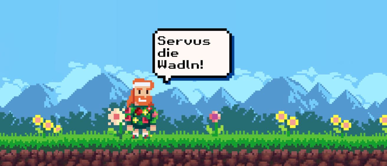 Ein pixeliger Charakter steht in einem Feld mit Bergen in der Ferne. Der Charakter hält Blumen und hat eine Sprechblase mit dem Text 'Servus die Wadln!'. Der Boden ist braun mit etwas Gras.