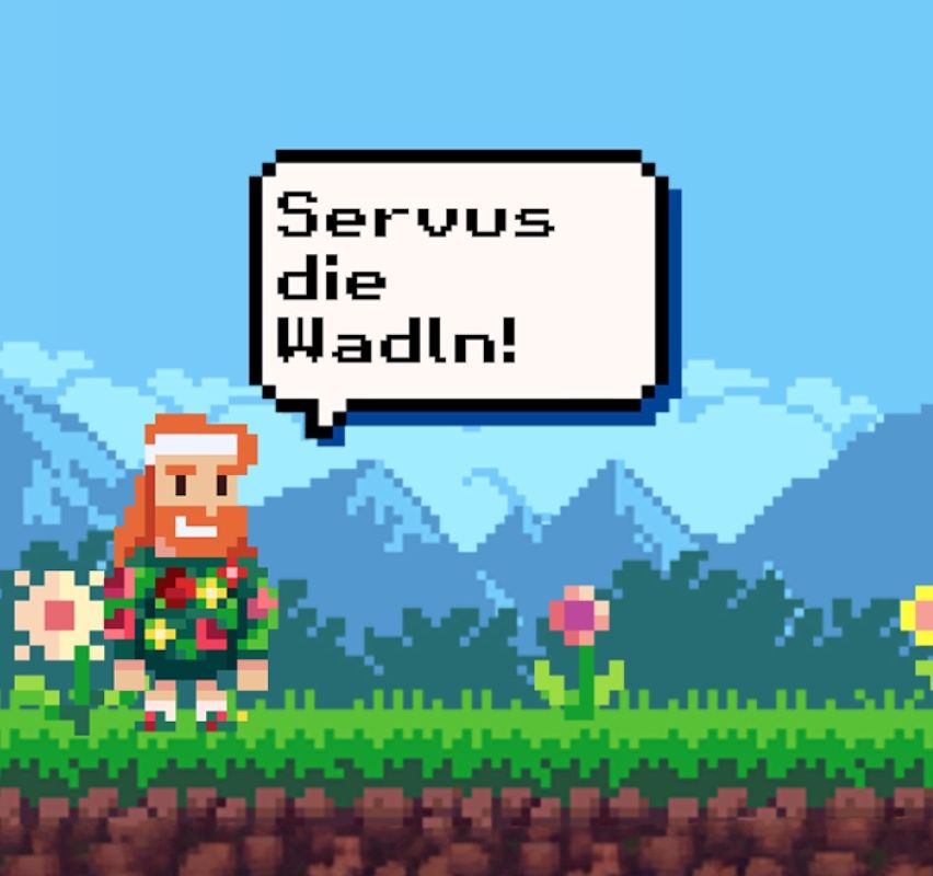 Ein pixeliger Charakter steht in einem Feld mit Bergen in der Ferne. Der Charakter hält Blumen und hat eine Sprechblase mit dem Text 'Servus die Wadln!'. Der Boden ist braun mit etwas Gras.