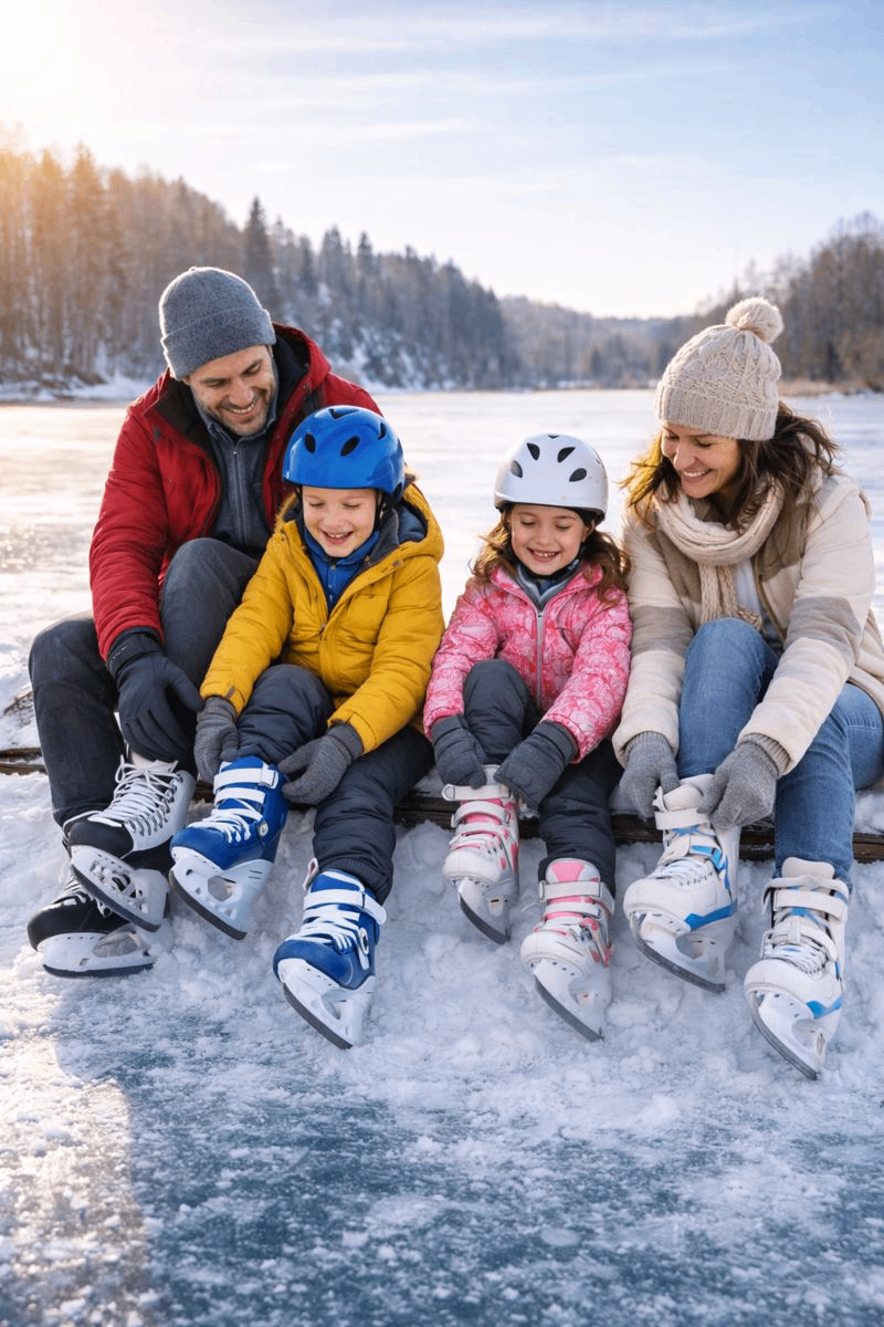 A family of four wearing winter clothes and helmets is sitting on a frozen lake. The father and children are smiling, and the mother is looking at the camera. They are wearing skates.